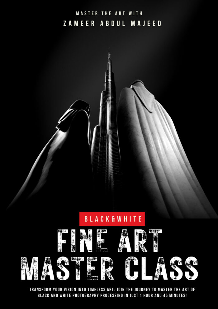 Movie-style poster for my fine art online course featuring a black and white photograph of Burj Khalifa with 'Together' sculptures on either side, Downtown Dubai.