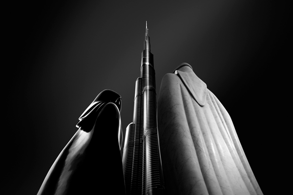 Monochrome image presenting the Burj Khalifa, framed by 'Together' sculptures on each side, situated within Downtown Dubai.